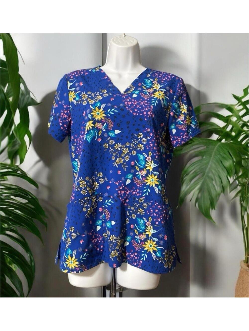 Women Cherokee Uniforms Blue Floral Design Short Sleeve V-Neck Scrub Top Sz XS